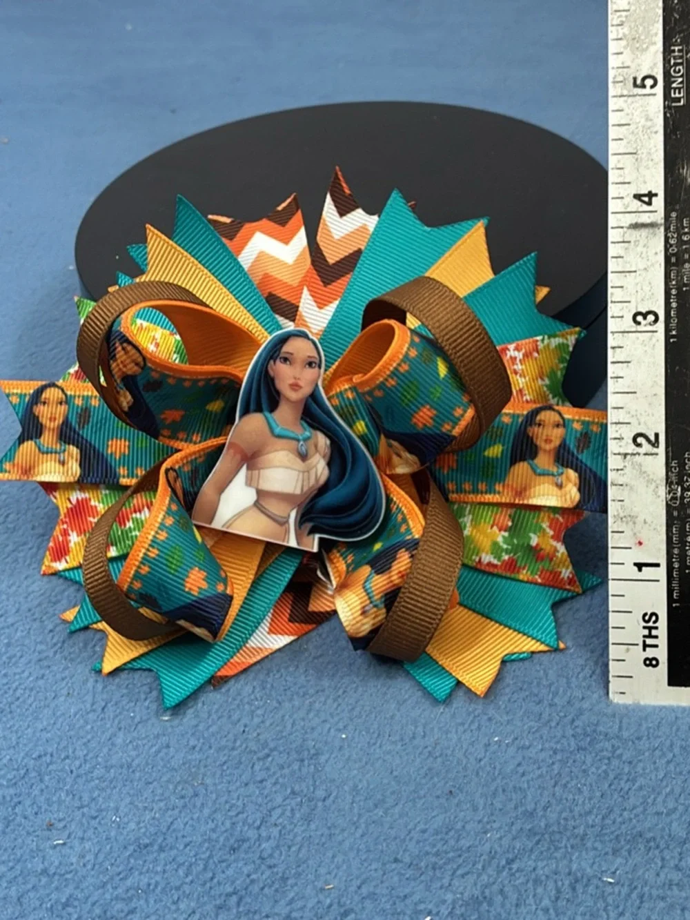 Pocahontas-Inspired Teal & Orange Layered Hair Bow for Kids